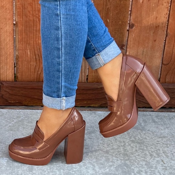 Shoes - Tan Super Chunky Heel Penny Loafers
